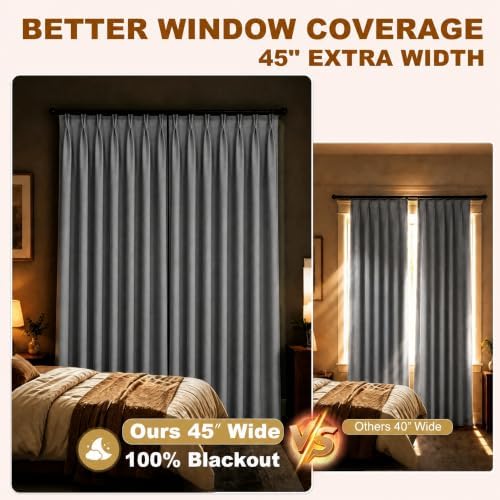 Dark Grey Linen Pinch Pleat 84 Inch Black out Curtains 2 Layer Drapes