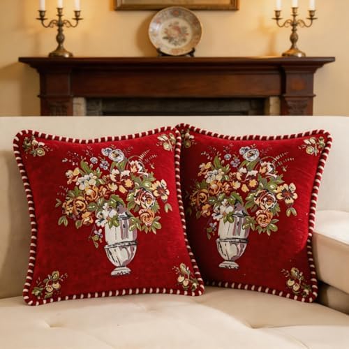 Set of 2 Christmas Vintage Red Floral Throw Pillow Covers 18x18 Inch