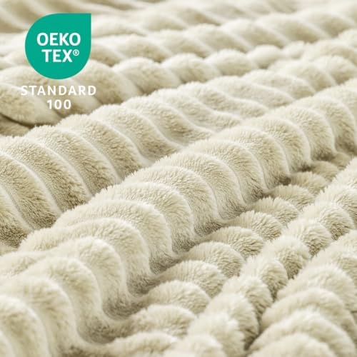 BEDELITE Ribbed Jacquard Beige Fleece Throw Blanket for Couch, 50x70