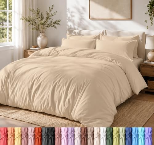 Duvet Cover Queen, 3 Piece Polyester with Zipper Closure, Beige