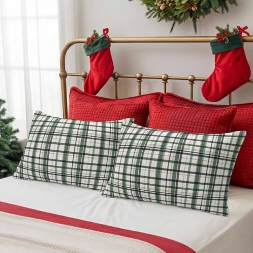 Sage Green Plaid Outdoor Pillow Covers 20"x12" Set of 2, Waterproof