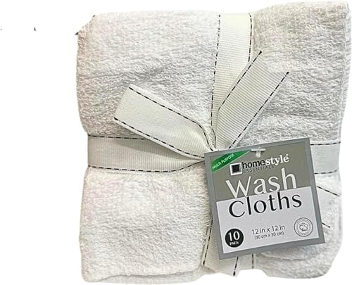 Home Style Essential 100% Cotton White Wash Cloths, 12X12 in, 10/Pack