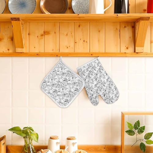 Quilted Cotton Terry Cloth Oven Mitt, Pot Holder Grey Birds Branch