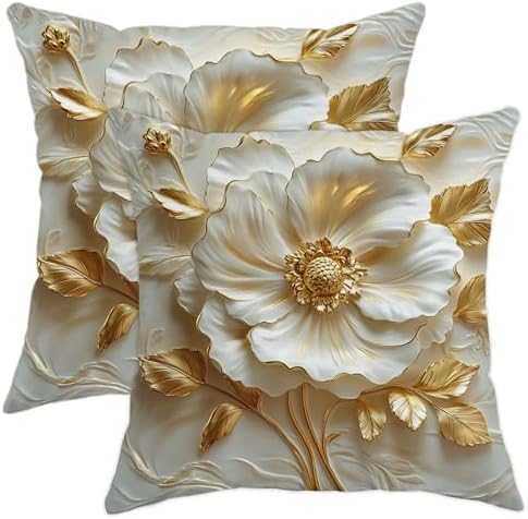 Elegant Floral Throw Pillow Covers Set of 2, Cream White and Gold