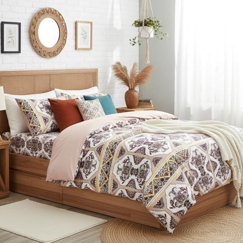 DaDa Bedding Reversible Burgundy Duvet Cover Set, Blush Pink Boho
