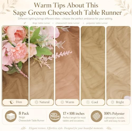 8 Pack Beige Cheesecloth Table Runners, 17 x 108 Inches