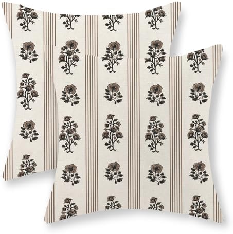 Floral Pillow Covers 20x20 Inch Set of 2 Block Print Brown Throw