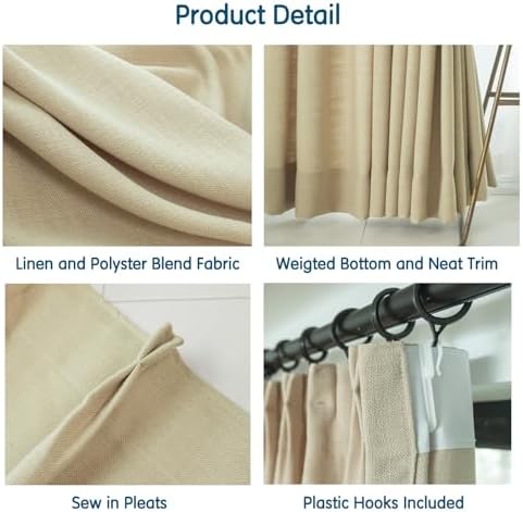 LETAU Long Linen Sand Beige Curtains 108 inches, Pinch Pleated Lined