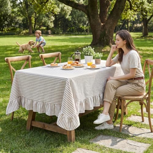 SquarePie Striped Ruffled Tablecloth Taupe White 52x70 Inch