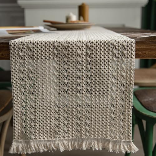 Table Runner Farmhouse Rustic 108 Inches, Hollow Woven Tassels