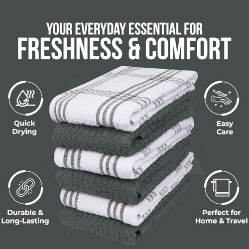 DAN RIVER Gray Kitchen Towels, 12 Pack, 16x26 Inches Absorbent Dish