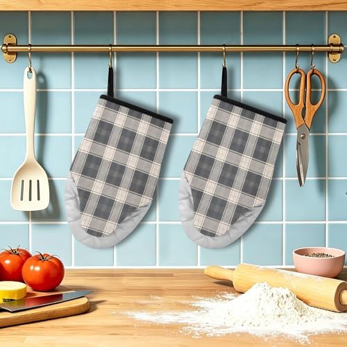 Netural Plaid Gray Non-Slip Oven Mitts Set Heat Resistant Kitchen