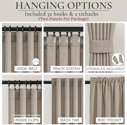 Dark Flax Tan Linen Pleated Curtains 96 Inches Long, Rustic Country