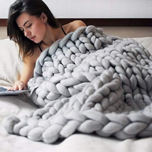 Chunky Knit Throw, Cozy Wool Yarn, 50x50cm (Gray #91)