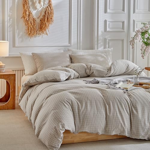 DuShow Grid Queen Duvet Cover Set - Taupe Plaid Checkered Washed