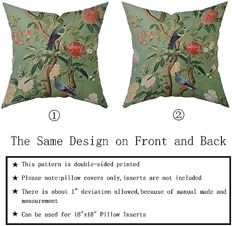 Green Chinoiserie Pillow Cover 20x20 Inch Vintage Bird Flower Throw