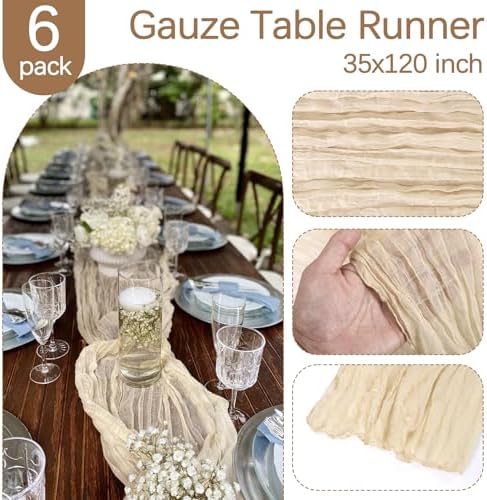 6 Pack Beige Cheesecloth Table Runner 35 x 120 Inch