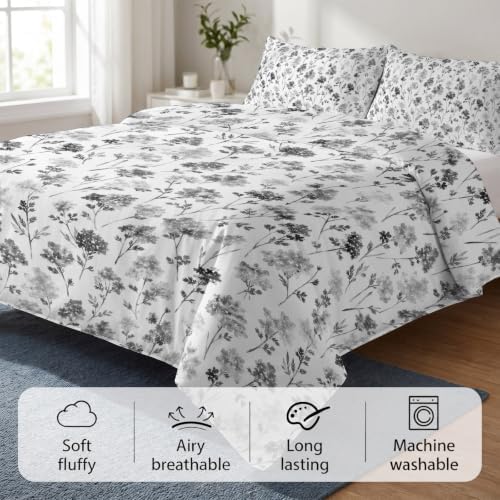 Grey Floral Duvet Cover Set 3 Pieces with Zipper Closure, Elegant