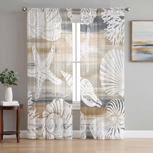 Beige Grey Coastal Semi Sheer Curtains 108 inch length 2 panels set