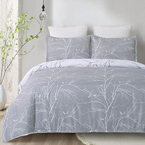 Vaulia Microfiber Duvet Cover Set King, Light Grey Branch