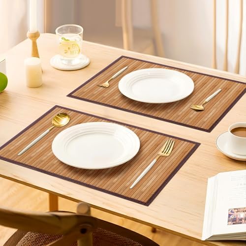 Bamboo Placemats Set of 8 with Fabric Border, Table Mats, Camel