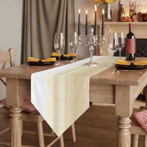 Beige White Stripes Table Runner Linen Burlap Table Runner 72 Inches