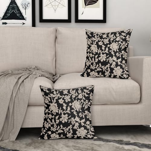 Black Floral Pillow Covers 20x20 Set of 2 Brown Cream Vintage Flower