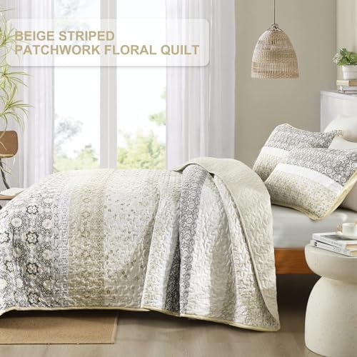 WONGS BEDDING Boho Quilt Set Queen,3 Pcs Beige Floral Striped