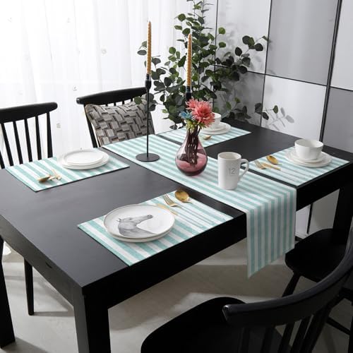 Light Teal Stripes Table Runner and Placemats Set of 4 Modern