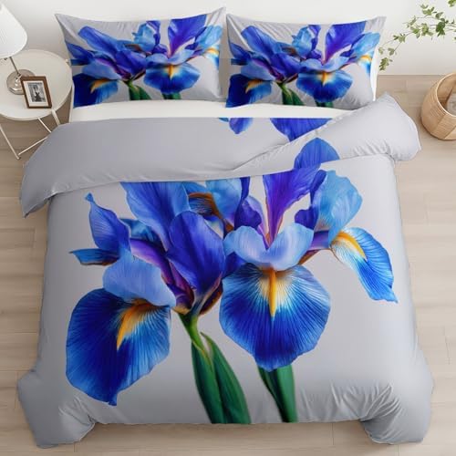Plant Iris Duvet Cover King Grey 3PCS Bedding Set for Kids and Adults