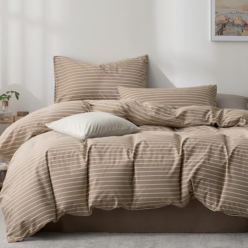 JELLYMONI 100% Cotton Wide Striped Queen Duvet Cover Set, White/Tan