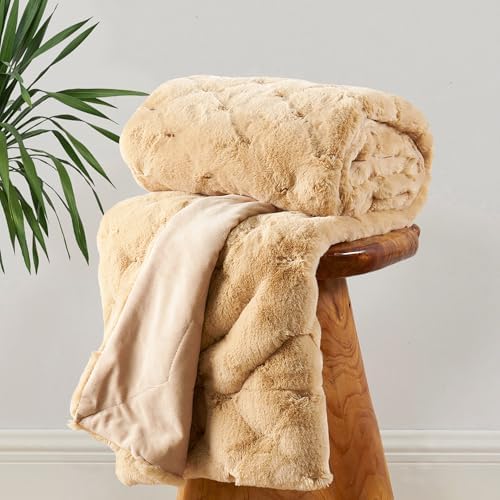 Jacquard Plaid Faux Rabbit Fur Plush Throw Blankets Reversible with