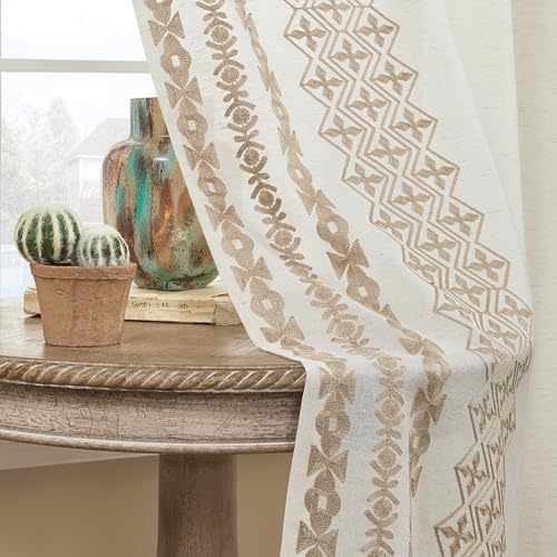 Boho Curtains 63 Inch Length 2 Panels set Linen Sheer Curtains for