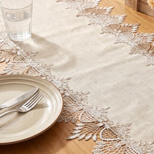 Beige Lace Coffee Table Runners 36 inches Neutral Linen Table Runner