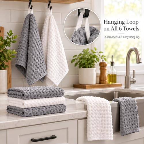 Nora Waffle Kitchen Towels Set of 6, Absorbent 18x28 Inch, Grey and