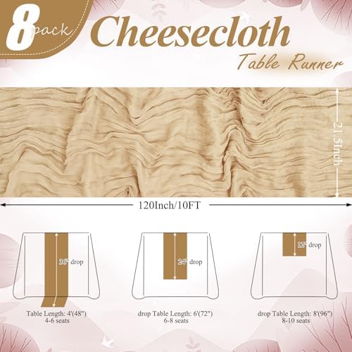 8 Pack Beige Cheesecloth Table Runner 10FT Long Boho Gauze Fabric