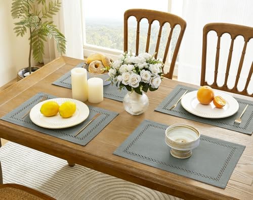 Farmhouse Burlap Place Mats, Grey Placemats Set of 6, 12 x 18 Inch