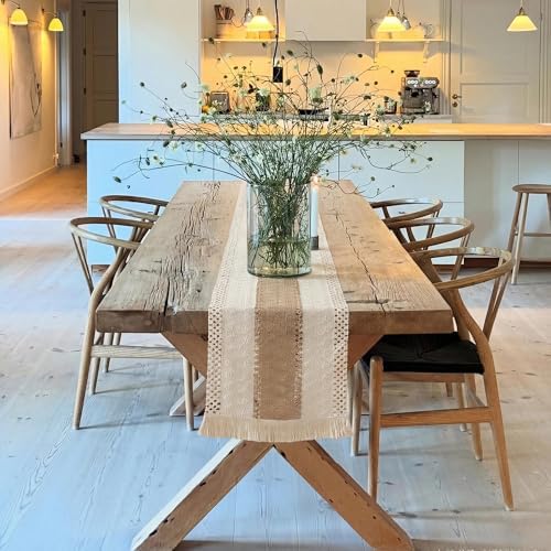 Farmhouse Decor Boho Table Runner with Macrame, Elegant Beige Brown
