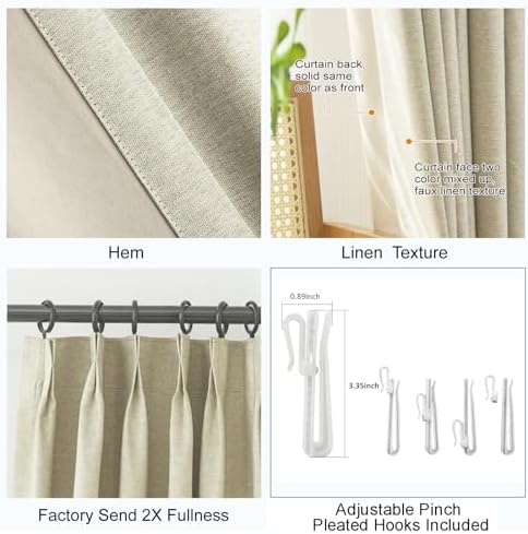 Beige Blackout Window Curtains 108 inches Long, Double Pleated Faux