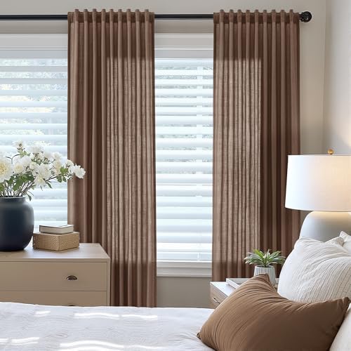 Nanspring Linen Curtains 96 Inch Long for Bedroom Hook Belt Caramel
