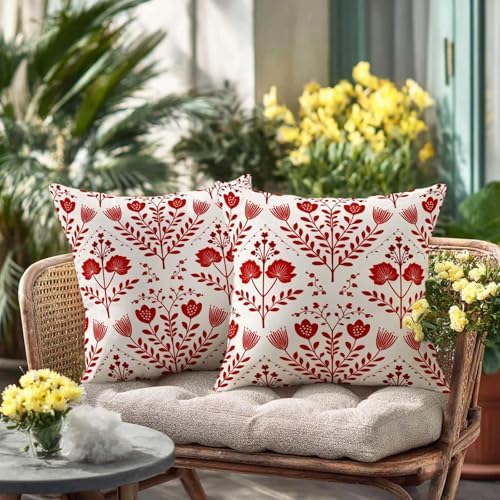 Nordic Folk Floral Throw Pillow Covers 18x18 Set of 2 | Red