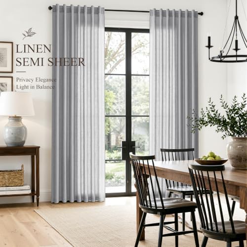 Hokibero Grey Linen Curtains 108 Inches Long Drape for Living Room 2