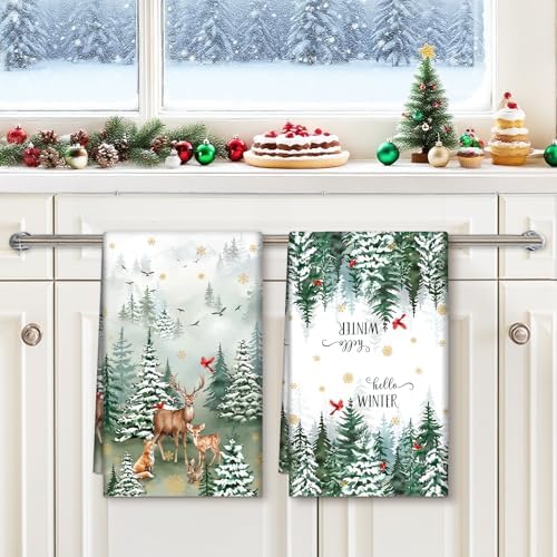 Winter Woodland Deer Tea Towels Set of 4, 100% Cotton