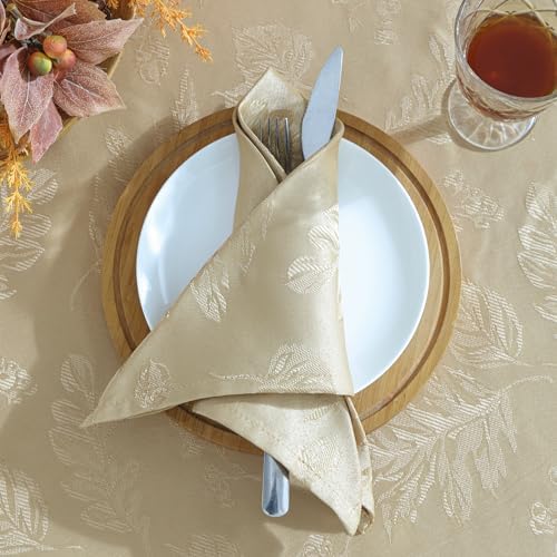 Elegant Woven Leaves Jacquard Damask Tablecloth, Taupe - 60" W x 102"