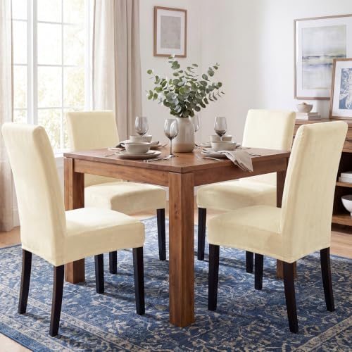 MOSAYT Velvet Stretch Chair Covers for Dining Room Set of 6, Beige