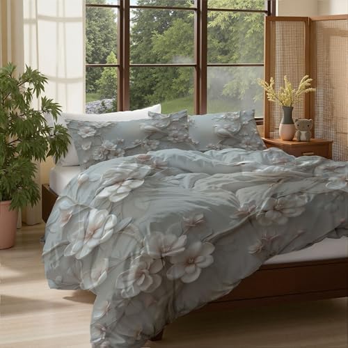 Duvet Cover Set King, 3D Minimalist Bird Flower Brushed Microfiber