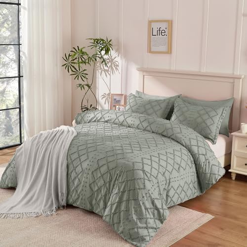 VACVELT 5PCS Light Grey Boho Tufted Duvet Cover Full Size, Zipper &