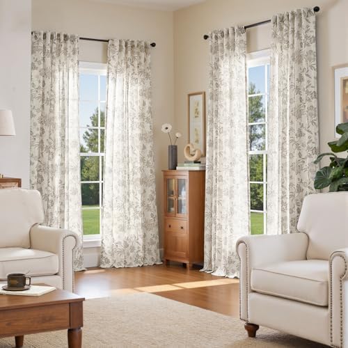 Vangao Taupe Floral Linen Curtains Farmhouse Jacobean Vine 84L 2