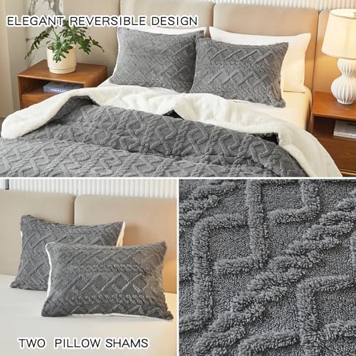 Joyreap 3-Piece Fluffy Faux Fur Sherpa Comforter Set Gray, Queen Size