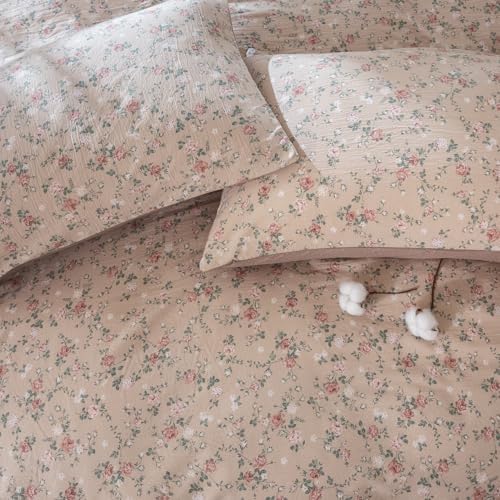Floral Duvet Cover Queen Size - 3 Pieces Brushed Microfiber Crinkle